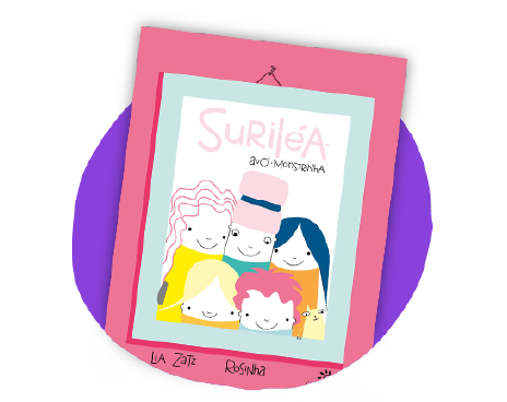 Imagem com circulo roxo e a capa do livro Suriéa Avó-monstrinha de Lia Zatz